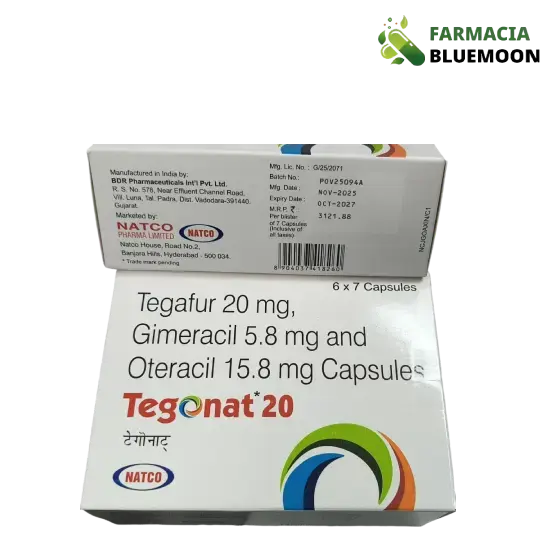 GIMERACIL 5,8 mg + OTERACIL 15,8 mg + TEGAFUR 20 mg (Tegonat) x 42 Cápsulas – Medicamento Genérico para Câncer de Estômago, Colorretal, Pâncreas e Outros Tumores Sólidos